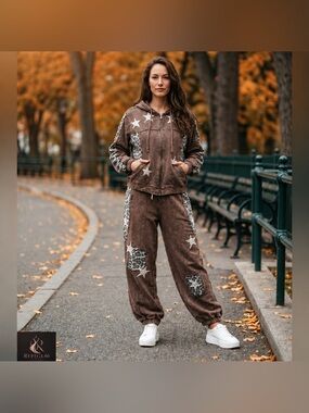 NWT POL Brown Vintage Wash Faded Star Patch & Leopard-Panel Track Joggers